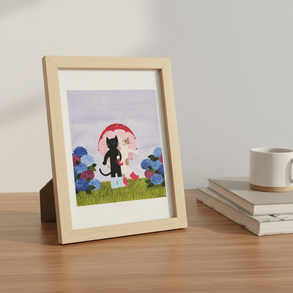 オリジナルデザイン絵葉書『Rainy days :雨のさんぽ』猫 傘 梅雨 あじさい | 3枚目