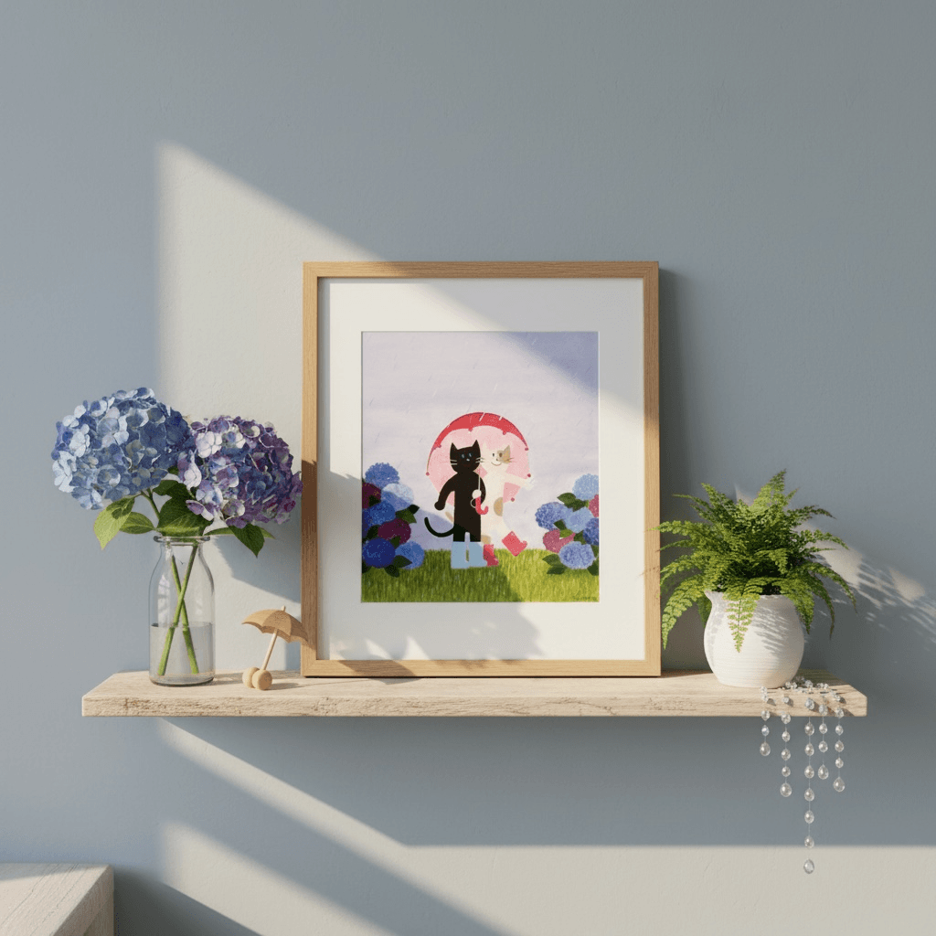 オリジナルデザイン絵葉書『Rainy days :雨のさんぽ』猫 傘 梅雨 あじさい | 4枚目